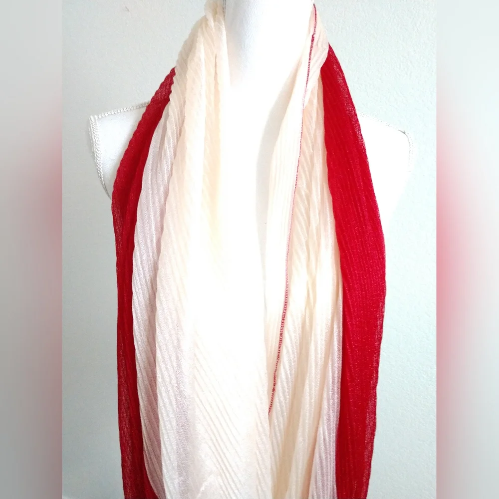 Wide Red White Colorblock Pleated Infinity Scarf Circle Loop Fashion Statement